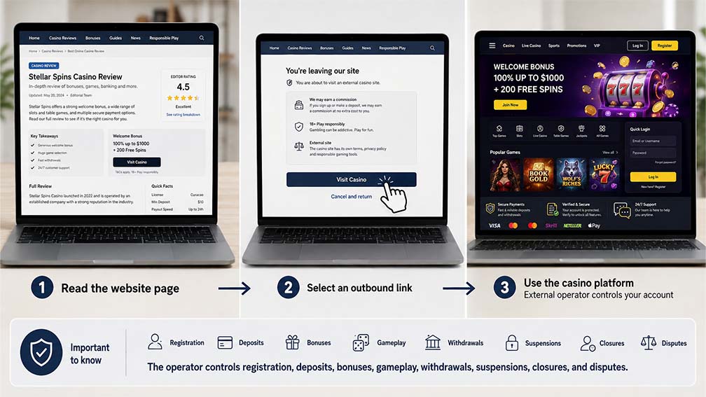 Affiliate link journey from casino content to an external operator