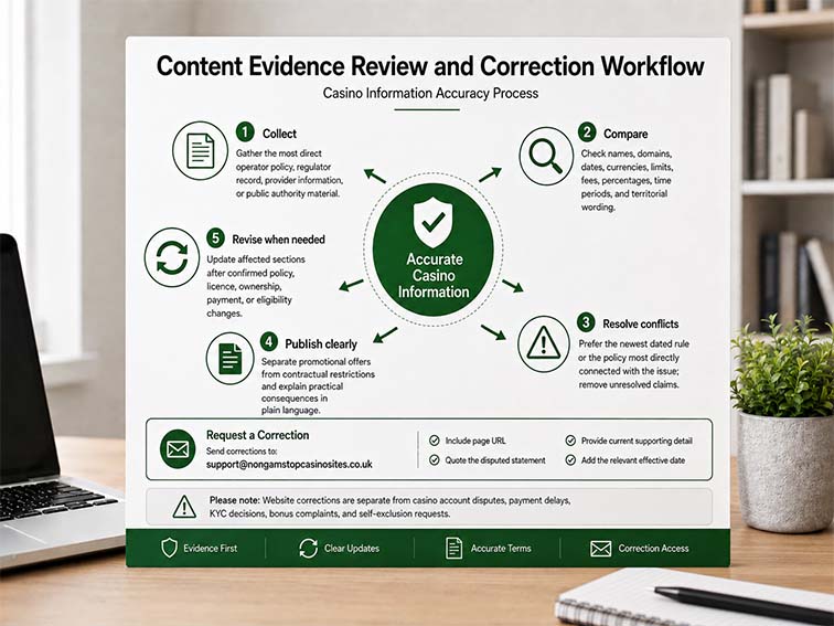 Content evidence review and correction workflow for casino information