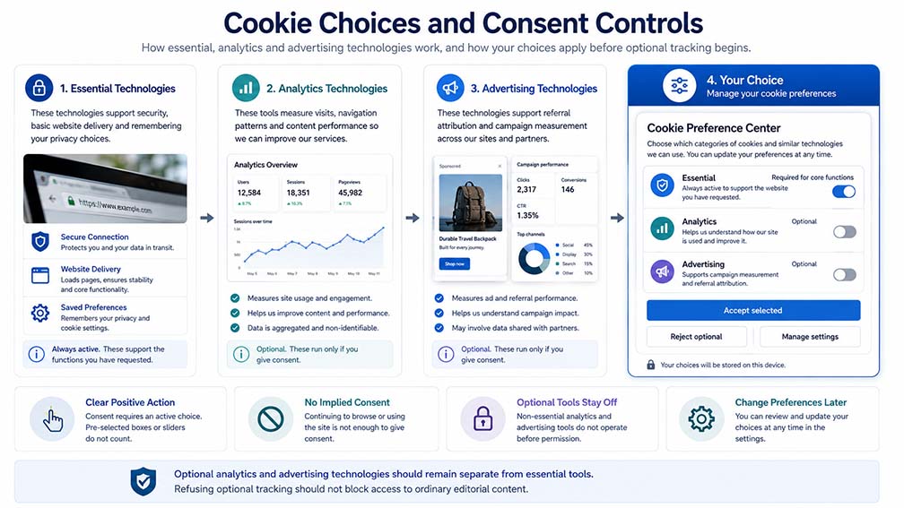 Cookie choices for essential analytics and advertising technologies