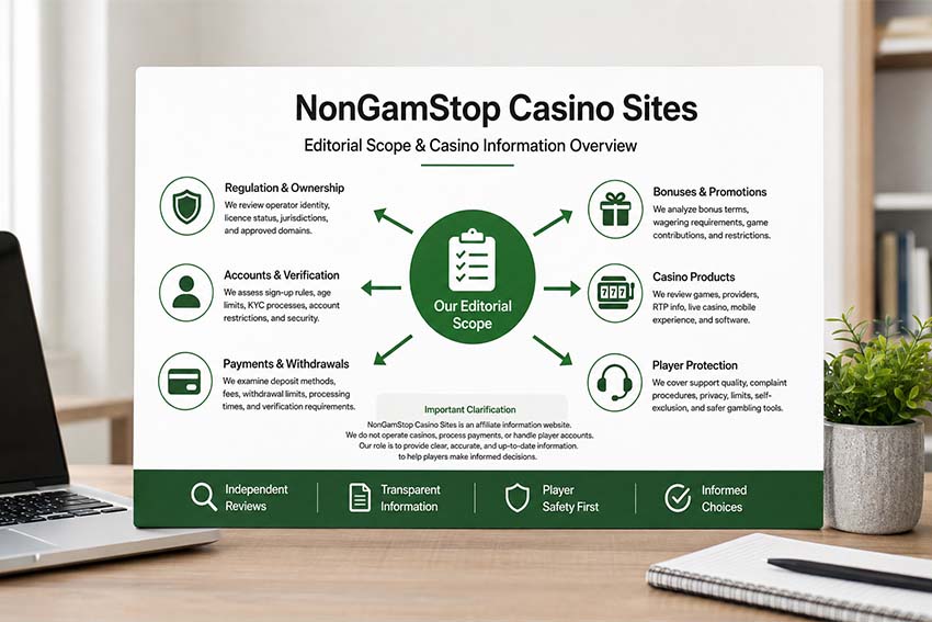 Editorial scope and casino information overview for NonGamStop Casino Sites