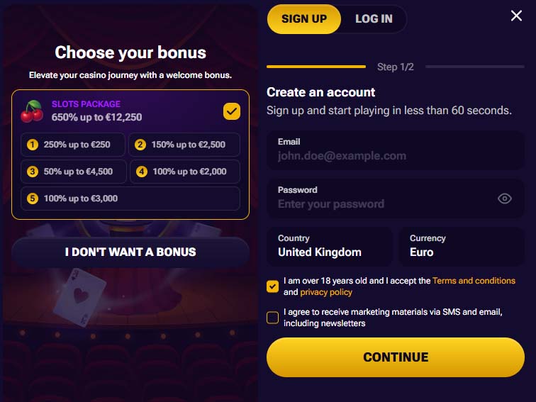 Spin Time casino signup screenshot