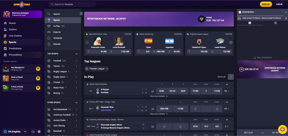 Spin Time casino sports betting screenshot