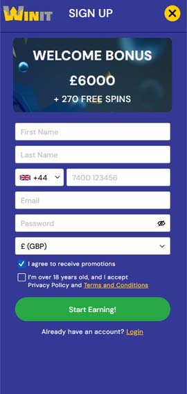 Win It casino signup screenshot