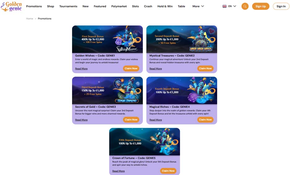 Goldengenie casino bonuses screenshot