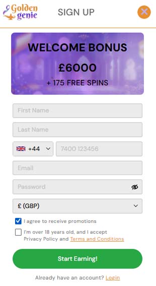 Goldengenie casino signup screenshot