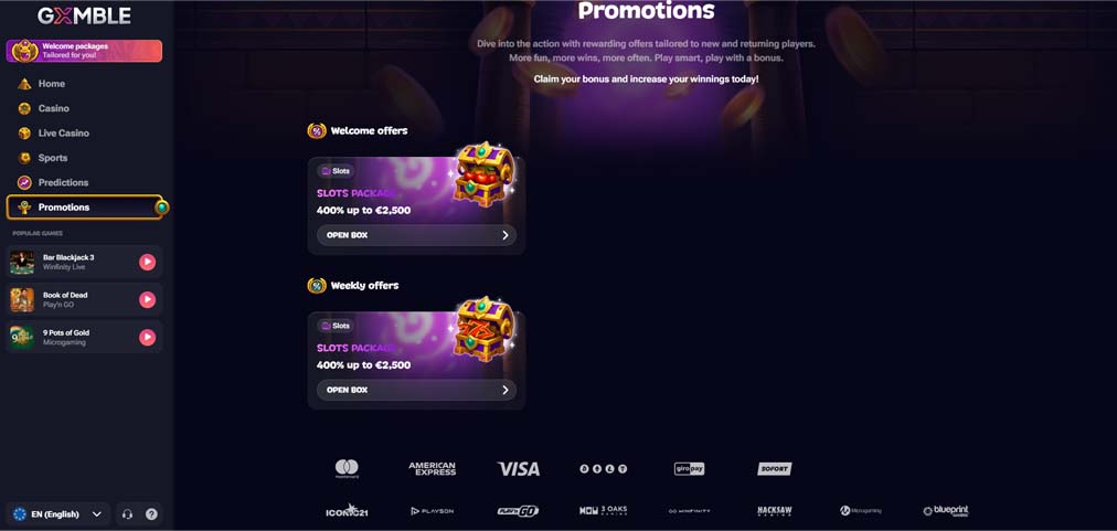 Gxmble casino bonuses screenshot