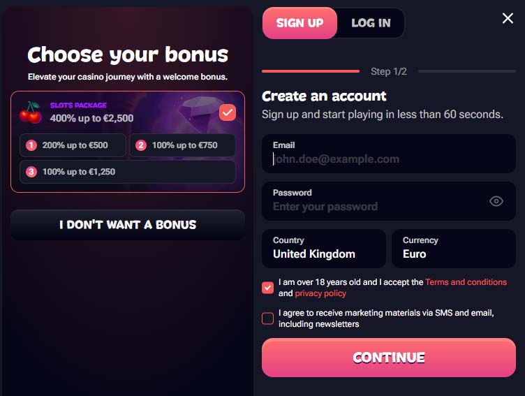 Gxmble casino signup screenshot