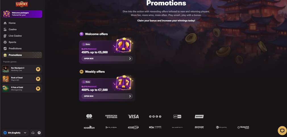 Lucky casino bonuses screenshot