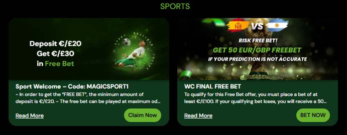 Magic Win casino sports betting bonuses screenshot