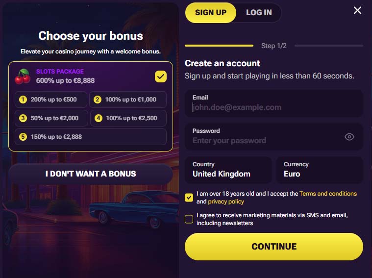 Prive casino signup screenshot