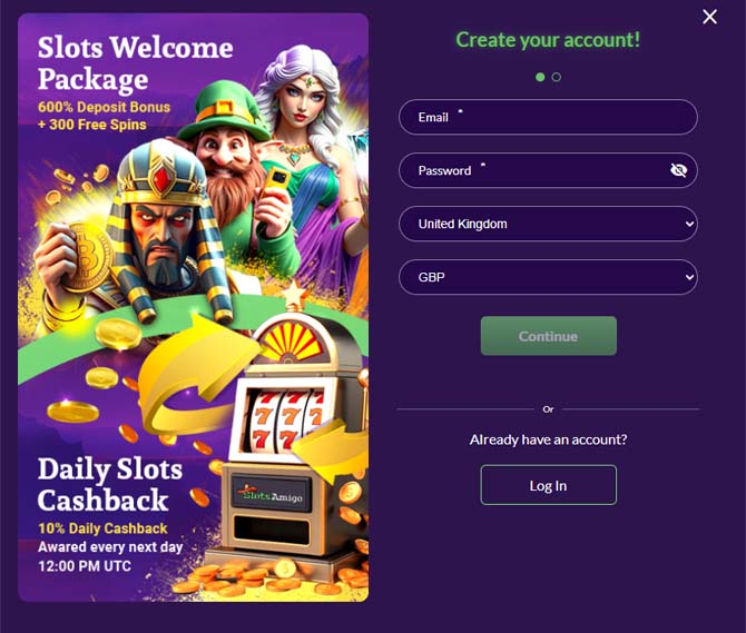 Slots Amigo casino signup screenshot