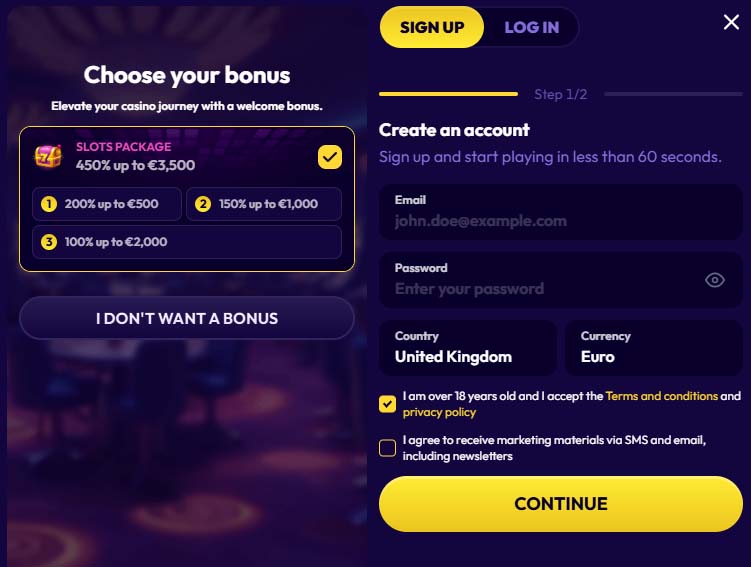 Slottio casino signup screenshot