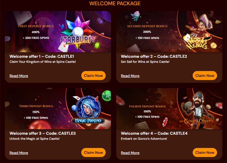 spinscastle casino welcome bonuses screenshot