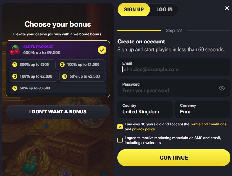 Winstler casino signup screenshot